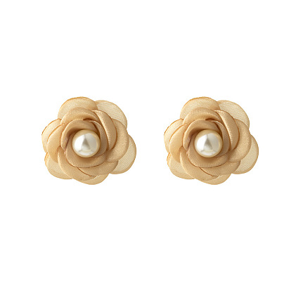 Handmade Fabric Camellia Pearl Earrings - Unique, Elegant, Silver Needle.