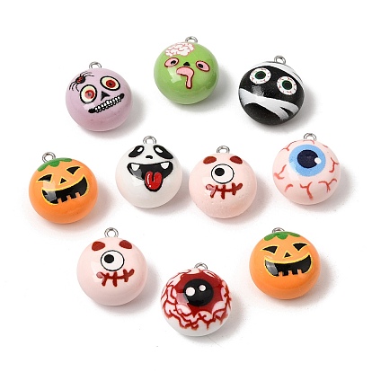 Halloween Opaque Resin Pendants, Flat Round Charms, with Platinum Iron Loop