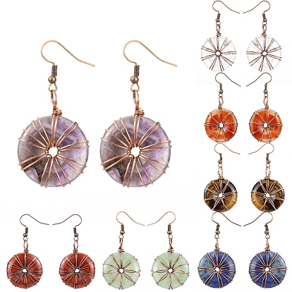 Natural Mixed Gemstone Donut/Pi Disc Dangle Earrings, Red Copper Alloy Wire Wrap Earrings