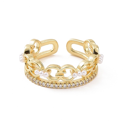 Brass Micro Pave Cubic Zirconia Open Rings, Chain Shape with Plastic Imitation Pearl Cuff Rings for Women