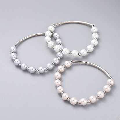 Glass Pearl Beads Stretch Bracelets, with 304 Stainless Steel Smooth Round Spacer Beads and Curved Brass Tube Beads