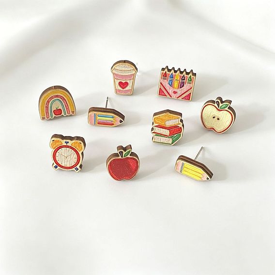 Back to School Printed Wood Stud Earrings for Women