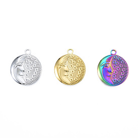 201 Stainless Steel Pendants, Flat Round with Moon & Human Face