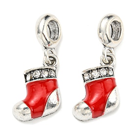 Rack Plating Brass Enamel European Dangle Charms, Christmas Stocking Large Hole Pendant with Crystal Rhinestone, Lead Free & Cadmium Free, Long-Lasting Plated, Antique Silver