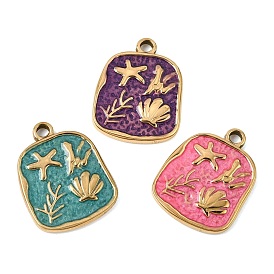 303 Stainless Steel Enamel Pendants, Rectangle with Starfish & Shell Shape Charms, Ion Plating(IP), Golden