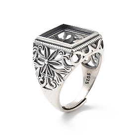 Flower 925 Sterling Silver Adjustable Ring Components, Pad Ring Settings, Rectangle