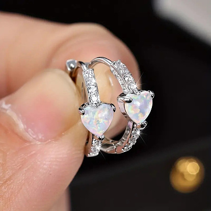 Серьги-кольца из латуни с микропаве и прозрачным кубическим цирконием в форме сердца, с акриловой