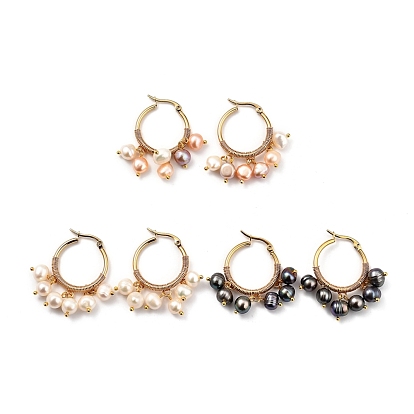 304 Stainless Steel Hoop Earrings, with Natural Cultured Freshwater Pearl Beads, Golden