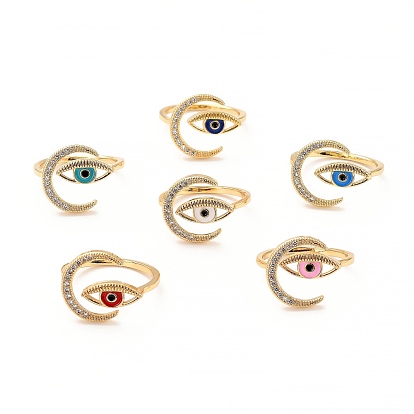 Double Horn/Crescent with Eye Cubic Zirconia Cuff Ring for Women, Real 18K Gold Plated Brass Enamel Open Ring, Cadmium Free & Lead Free