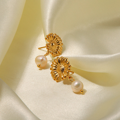 Vintage Chic Daisy Pearl Earrings - French Style Fashionable and Versatile Titanium Steel Ear Jewelry