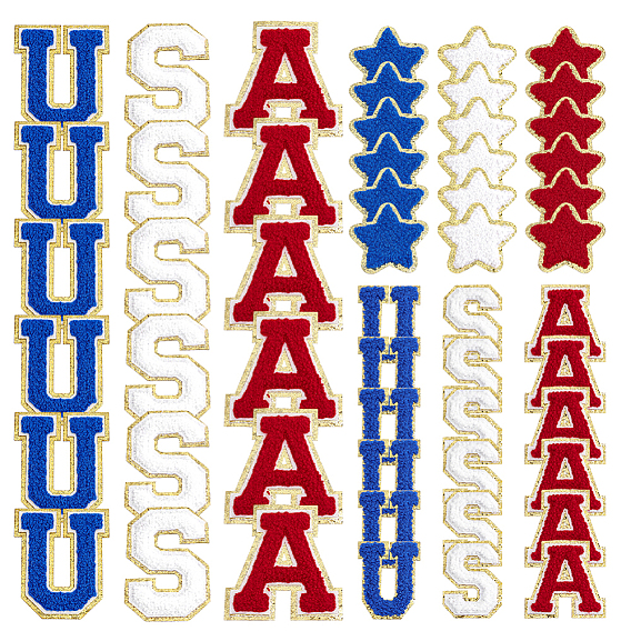 54Pcs 9 Styles 
Independence Day Cloth Embroider Thread Iron on/Sew On Patches, Hot Melt Adhesive, Cloth Appliques, Letter U S A & Star