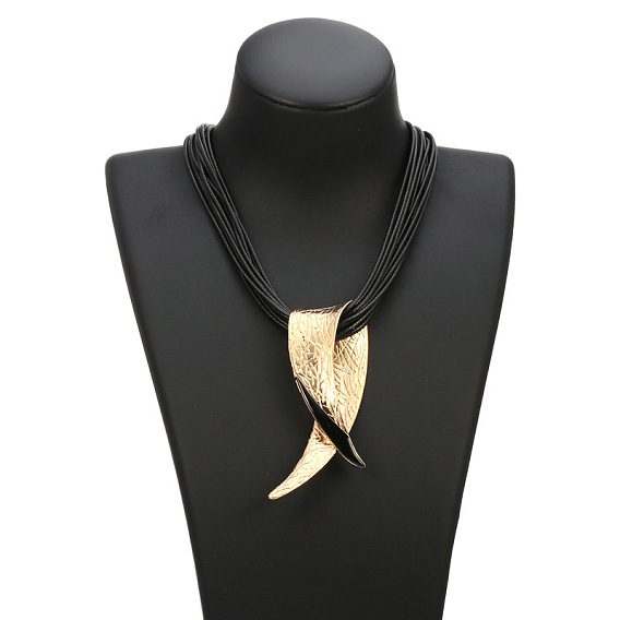 Alloy Twisted Horn Pendant Multi-strand Black Waxed Cord Necklaces for Women