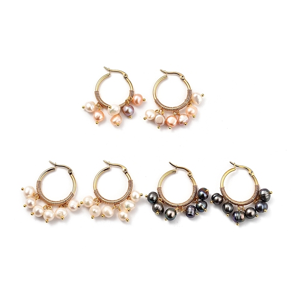 304 boucles d'oreilles en acier inoxydable, avec des perles de culture d'eau douce naturelles, or