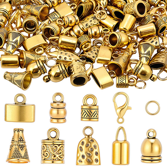 80 шт. 8 стили, концы шнура из сплава в тибетском стиле, Торцевые крышки, без свинца и без кадмия, запирать, в комплекте 50 застежки-карабины из цинкового сплава и 100 соединительное кольцо.