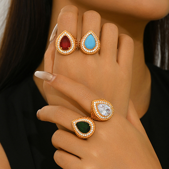 Винтажные богемные латунные кольца-манжеты с микропаве из кубического циркония для женщин., слеза, золотые