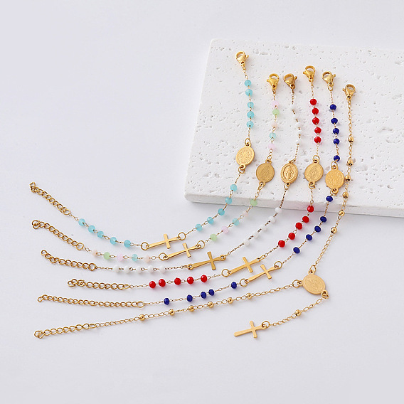 304 Stainless Steel Oval Religion Cross Link Resin Beaded Anklets for Women, Golden