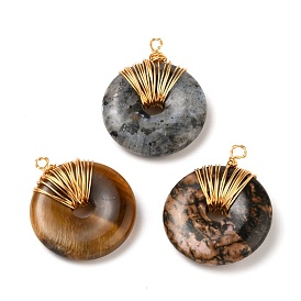 Donut/Pi Disc Natural Gemstone Pendants, Wire Wrapped Pendants, with Eco-Friendly Copper Wire, Real 18K Gold Plated