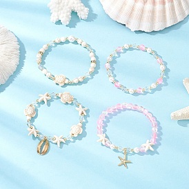 4шт. 4 стили браслеты из ракушек, жемчуга, стекла, синтетической бирюзы и синтетического лунного камня, 304 браслеты с подвесками из нержавеющей стали для женщин