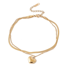 Ion Plating(IP) 304 Stainless Steel Heart with Word Love You Charm Double Layers Multi-strand Anklet with Curb & Snake Chains for Women