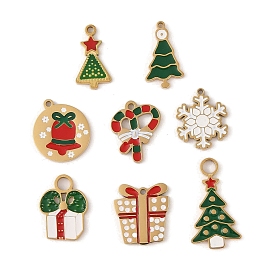 Christmas Theme Ion Plating(IP) 304 Stainless Steel Enamel Charms, Golden, Tree/Gift Box/Bell/Candy Cane