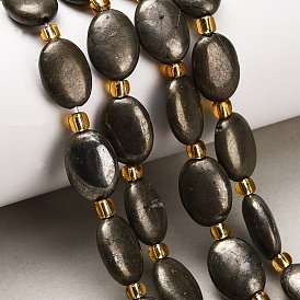 Нити из бусин из натурального золотого пирита/золотого пирита, Плоско-овальные, с бисером
