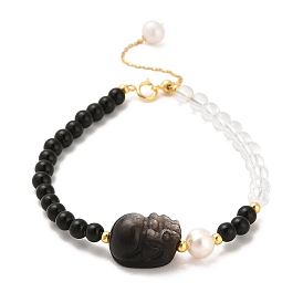 Natural Obsidian and Natural Quartz Crystal and Natural Multi-Moonstone Bead Bracelets, with Sterling Silver Beads and Pearl Beads, Real 18K Gold Plated