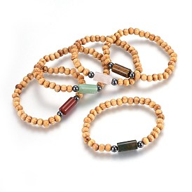Perles de bois s'étendent bracelets, avec des pierres précieuses naturelles et des perles d'hématite synthétique non magnétique