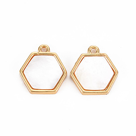 Natural Shell Charms, with Brass Findings, Long-Lasting Plated, Cadmium Free & Lead Free, Hexagon