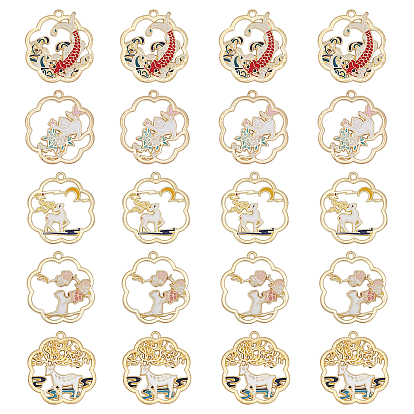 20Pcs 5 Style Alloy Enamel Pendants, Flower with Fish Pattern, Golden