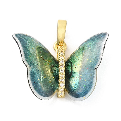 Brass Pendants, with Cubic Zirconia, Film, Long-Lasting Plated, Lead Free & Cadmium Free, Real 18K Gold Plated, Butterfly