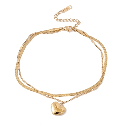 Ion Plating(IP) 304 Stainless Steel Heart with Word Love You Charm Double Layers Multi-strand Anklet with Curb & Snake Chains for Women