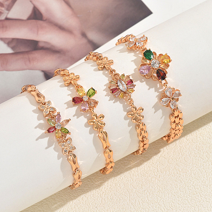 Женские браслеты из латуни с кубическими циркониями, цветок, золотые