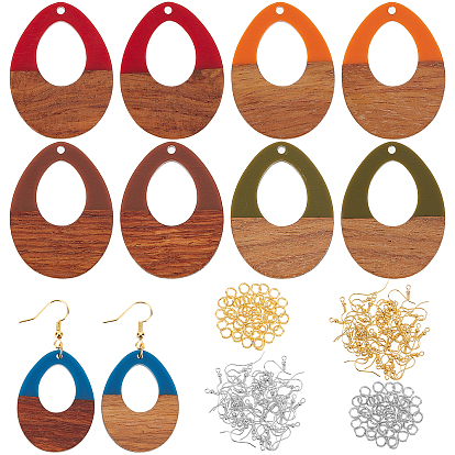 DIY Two Tone Teardrop Pendant Earrings Making Kit, Including Opaque Resin & Walnut Wood Pendants, Brass Earring Hooks, Iron Open Jump Rings