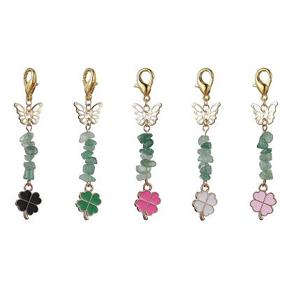 Clover Alloy Enamel Pendant Decorations, Natural Green Aventurine Chip Bead and Butterfly & Lobster Claw Clasps Charm