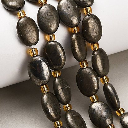 Нити из бусин из натурального золотого пирита/золотого пирита, Плоско-овальные, с бисером