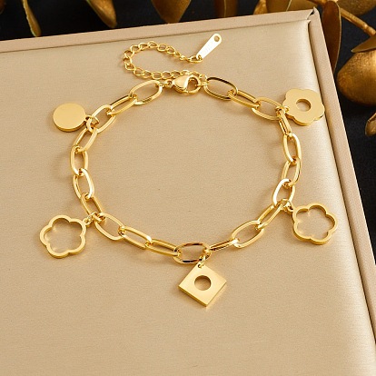 304 из нержавеющей стали шарм браслеты, браслеты-цепочки со скрепками для женщин, цветок и ромб и плоский круглый