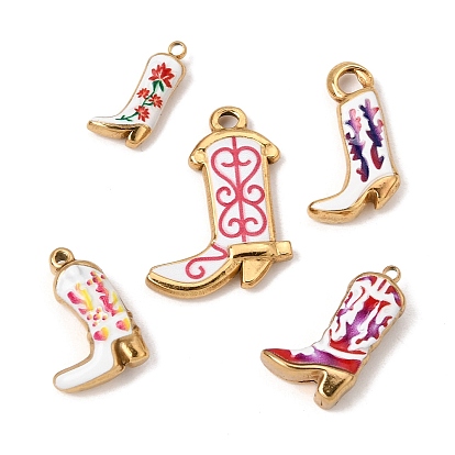 304 Stainless Steel Enamel Pendants, Western Cowgirl Boot Charms, Ion Plating(IP), Long-Lasting Plated, Real 18K Gold Plated
