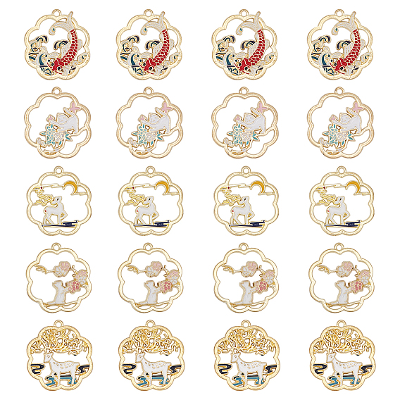 20Pcs 5 Style Alloy Enamel Pendants, Flower with Fish Pattern, Golden