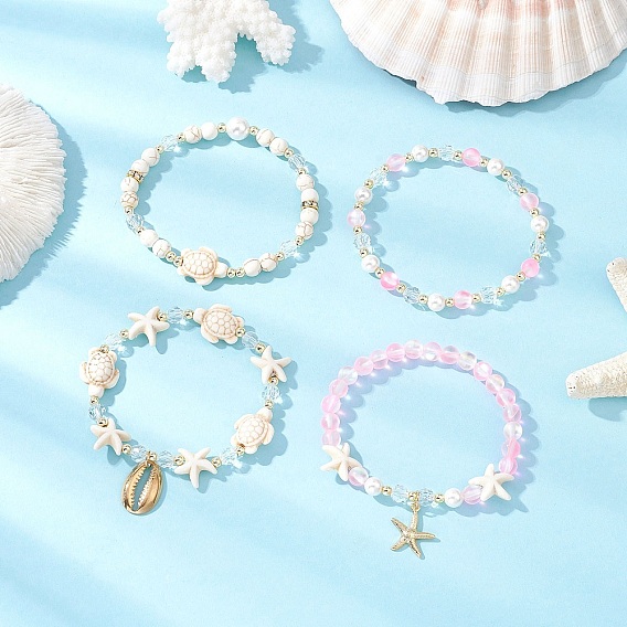 4шт. 4 стили браслеты из ракушек, жемчуга, стекла, синтетической бирюзы и синтетического лунного камня, 304 браслеты с подвесками из нержавеющей стали для женщин