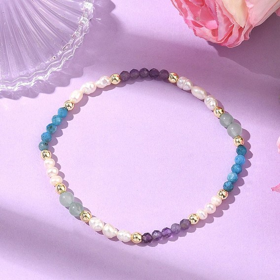 Эластичные браслеты для женщин из натурального зеленого авантюрина, аметиста, апатита и культивированного пресноводного жемчуга., круглые, С немагнитным синтетическим гематитом