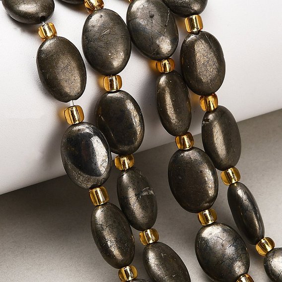 Нити из бусин из натурального золотого пирита/золотого пирита, Плоско-овальные, с бисером