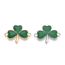 Rack Plating Alloy Green Enamel Shamrock Connector Charms, Saint Patrick's Day Clover Links