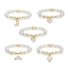 Cat Eye Round Beads Beaded Bracelets, Natural Freshwater Shell Charm Stretch Bracelets for Women, Mixed Shape