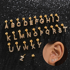Sparkling CZ Ear Studs with Vintage Alphabet Design and Threaded Backing