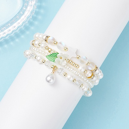 4шт 4 стили ракушки жемчуг круглые бусины эластичные браслеты, с искусственным жемчугом из АБС-пластика и стеклянными бусинами