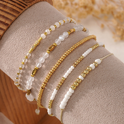 5 Наборы браслетов из стекла и металла с золотыми и белыми бусинами, регулируемые браслеты из бусин на шнурке