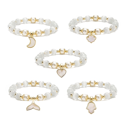 Cat Eye Round Beads Beaded Bracelets, Natural Freshwater Shell Charm Stretch Bracelets for Women, Mixed Shape