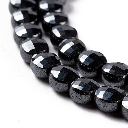 Natural Black Stone Beads Strands, Faceted, Flat Round