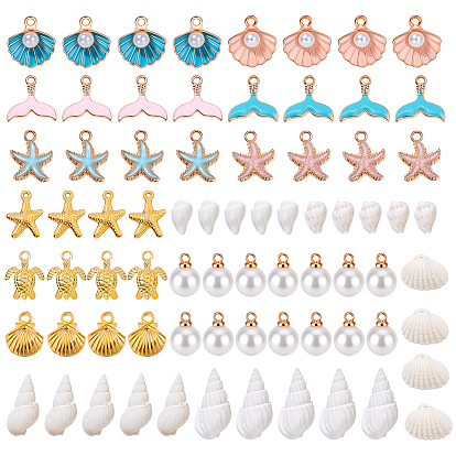66 шт. 9 стили подвески из натуральной ракушки и цинкового сплава с эмалью, с абс пластмассовой имитационной жемчужиной, с 14шт. АБС-пластик, имитация грушевой скорлупы