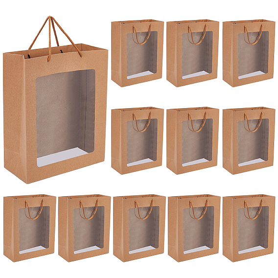 Подарочные пакеты из крафт-бумаги, сумки для покупок с ручками и видимым окошком, прямоугольные